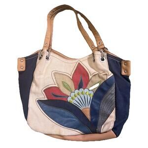 Relic Canvas Embroidered Flower Handbag Purse Wooden Handle Shoulder Strap
